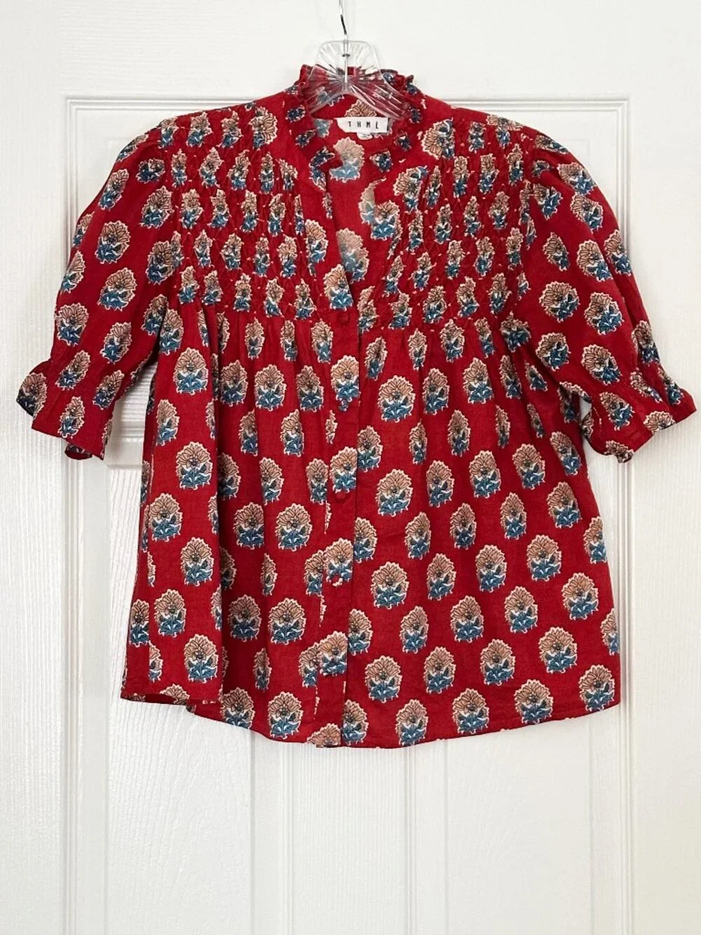 THML smocked block print short sleeve top - Red - Small - Picture 1 of 5